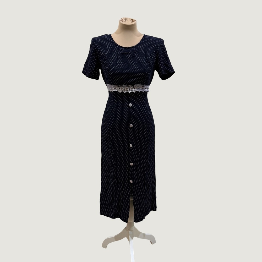 Vintage Stacey Tyler Navy Polka Dot Midi Dress Lace Trim Button Front Romantic